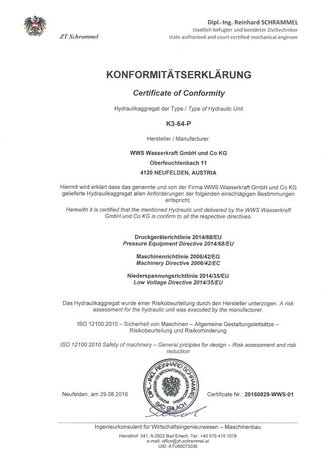 Konformitätserklärung K3-64-P Hydraulikaggregat WWS